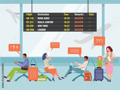 Characters Under Stress Woman Man With Bagage Sitting And Waiting For Delayed Flight Waiting Room At International And Domestic Airport Flights Schedule Table Cartoon Style Vector Illustration Stock Vector Adobe Stock