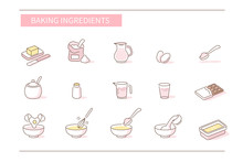 Baking Ingredients Icons Set. Various Food Symbols. Wheat Flour, Milk, Eggs, Sugar And Other Cooking Ingredients. Preparation Dough For Pastry.  Flat Line Cartoon Vector Illustration.