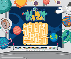 Wall Mural - Game template with astronaut and planets in background