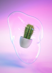 Wall Mural - 3d render of cactus plant with soap bubble and blue and pink neon background. contemporary style. ir