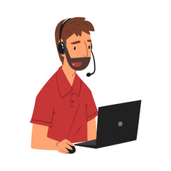 Sticker - Bearded Male Call Center Operator, Online Customer Support Service Assistant with Headset, Help Desk, Technical Support Vector Illustration