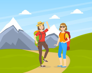 Canvas Print - Two Women Hiking on Nature, Cheerful Tourists in Outdoor Mountain Landscape, Summer Holidays Adventure Vector illustration