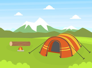 Canvas Print - Tourist Tent on Natural Mountain Landscape, Summer Outdoor Activities Vector Illustration