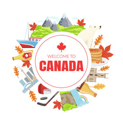 Sticker - Canada Banner Template with Canadian National Cultural Symbols of Round Shape Vector Illustration