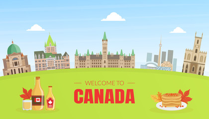 Sticker - Canada Banner Template with Canadian National Cultural Symbols and Landmarks Vector Illustration