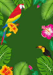 Naklejka na meble Parrot and toucan in the tropical plants frame