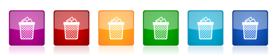 Leinwandbilder - Trash, can icon set, colorful square glossy vector illustrations in 6 options for web design and mobile applications