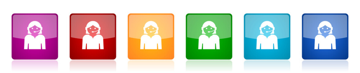 Poster - Call center icon set, colorful square glossy vector illustrations in 6 options for web design and mobile applications