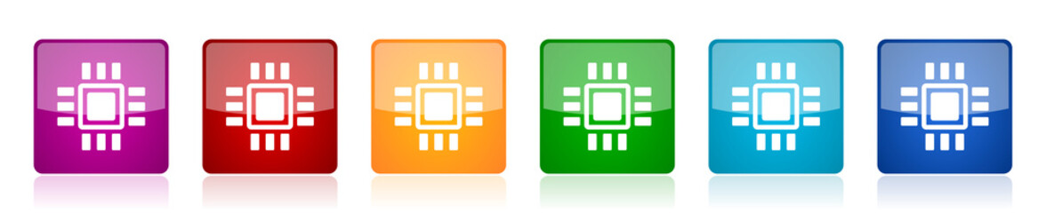 Leinwandbilder - Circuit icon set, technology, chip, processor colorful square glossy vector illustrations in 6 options for web design and mobile applications