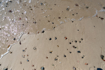 Sandy bottom on the seashore with water, pebbles and shells