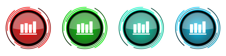 Poster - Bar chart round glossy vector icons, set of buttons for webdesign, internet and mobile phone applications in four colors options isolated on white background.