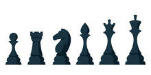 Set Of Chess Pieces. Black Objects In Cartoon Style Isolated On White Background.