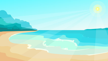 Wall Mural - Beach on sunny day. Beautiful landscape in cartoon style.