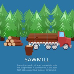 Sticker - sawmill woodcutter truck logging equipment lumber machine industrial wood timber forest cartoon vect