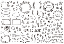 花や葉っぱの手描きイラストセット