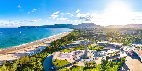 Wall Mural - Coastal Scenery of Luxury Resort with Villas, Yacht Marina and Recreational Beach at Yalong Bay, Sanya, Hainan Island, a Tourism Destination for Summer Vacation in China, with Tropical Climate.