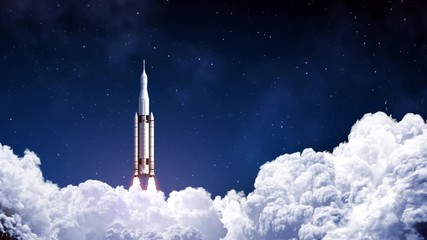 Wall Mural - space launch system takes off on background of blue sky. slow motion. 4k. 3840x2160. uhd. 3d animati