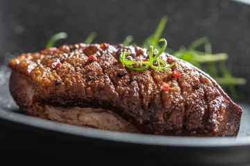 Wall Mural - Duck breast roasted in ceramic pan with salt spices and rosemary