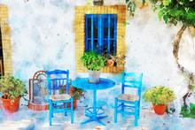 Watercolor Style And Abstract Illustration Of Blue Chairs With Table In Typical Greek Town