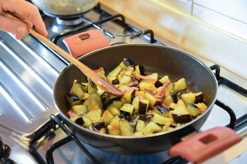 Cooking Eggplants in the Cooking Pan