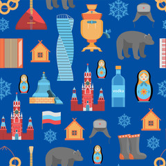 Canvas Print - Cartoon Russian Traditional Items Seamless Pattern Background. Vector