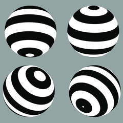 Poster - 3D geometric striped rounded shape. Sphere. Illusion effect. The Ball. Black color. Stylised modern minimalistic graphic design. Decoration element. Vector EPS 10. 