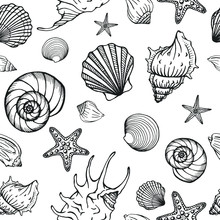 Seamless Pattern With Seashells, Corals And Starfishes. Marine Background.  Perfect For Greetings, Invitations, Manufacture Wrapping Paper, Textile And Web Design.