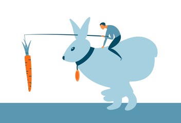  Motivation incentive business concept. Man sitting on a bunny and holding a carrot in front of animal. Vector