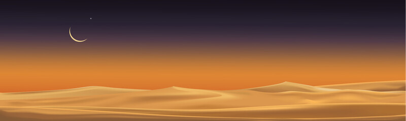 Wall Mural - Desert landscape with sand dunes with crescent moon and star at dark night for banner or background in ramadon, vector illusion Minimalist panoramic realistic cartoon of nature, sand with the moon.