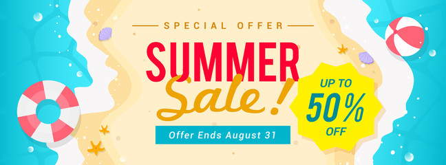summer sale banner vector illustration. top view of summer beach waves background
