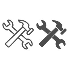 Poster - Crossed hammer and wrench line and solid icon. Repair tools and worker equipment symbol, outline style pictogram on white background. Construction sign for mobile concept, web design. Vector graphics.