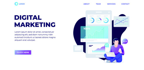 Modern digital marketing vector illustration for web page. Man with a laptop and phone isolated. Flat design concept. Social network and media communication. SEO