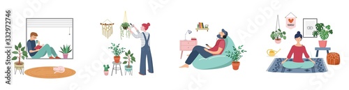 Fotografía Young women and men are sitting at their home, room or apartment, practicing yoga, enjoying meditation, relaxing on sofa, reading books, baking and listening to the music