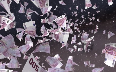 Flying euro banknotes on a outer space starry background. Money flying in the outer space. 500 EURO in color. 3D illustration