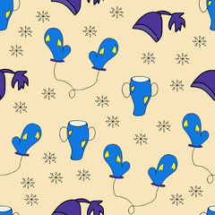 Vector background. Seamless pattern with winter hat mug and mittens. Warm winter hat mug and mittens in doodle style. Vector hand drawn illustration