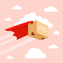 Flying Package Delivery. Superhero Box. Vector Template E-commerce, Fast Delivery Service, Parcel Delivery.