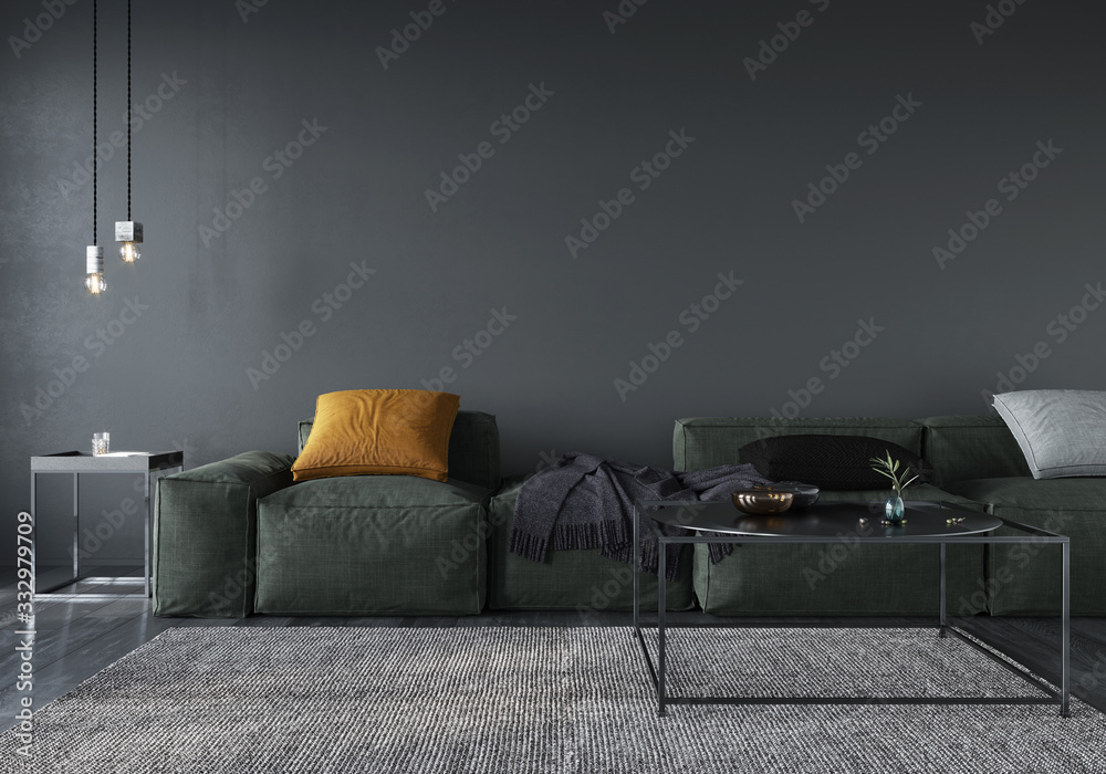 Living room interior with soft minimalist green sofa - obrazy, fototapety, plakaty 