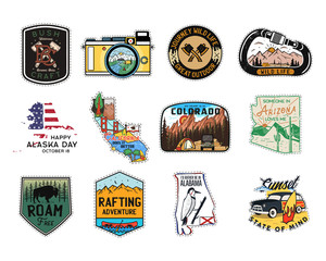 Wall Mural - Vintage camp patches logos, mountain badges set. Hand drawn stickers designs bundle. Travel expedition, backpacking labels. Outdoor hiking emblems. Logotypes collection. Stock vector isolated on white