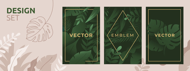 Wall Mural - Vector set of abstract backgrounds with copy space for text, leaves and plants - bright vibrant banners in green colors, posters, packaging cover design templates, social media stories wallpapers 