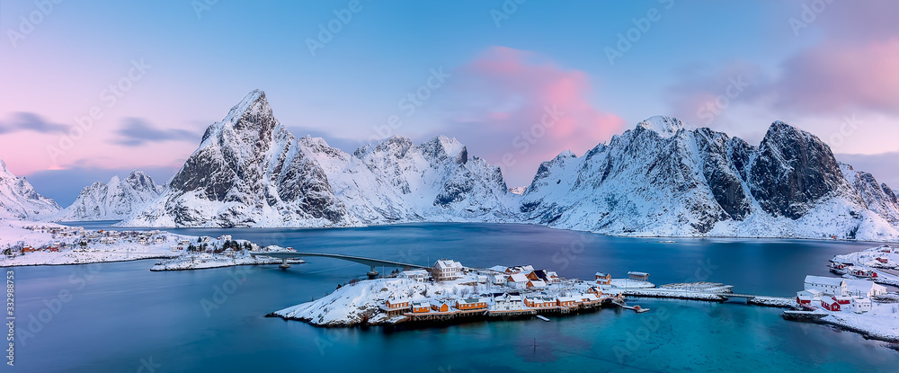 Panoramic view from above to Sakrisøya Island with mountains on background at sunrise - Lofoten Islands, Norway. Europe - obrazy, fototapety, plakaty 