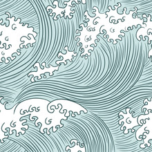 Waves In Japanese Style. Seamless Pattern In Green Colors