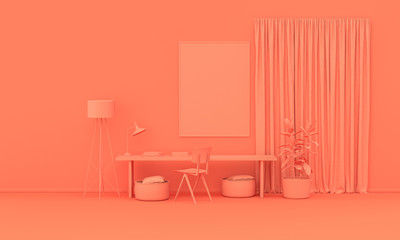 Wall Mural - Interior room in plain monochrome pinkish orange color with furnitures and room accessories. Light background with copy space. 3D rendering