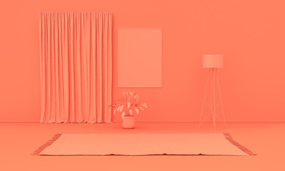 Wall Mural - Interior room in plain monochrome pinkish orange color with furnitures and room accessories. Light background with copy space. 3D rendering