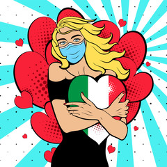 Wall Mural - Pop art woman in mask with hearts and italian flag. Background in comic style retro pop art. Illustration for print advertising and web. Face close-up.