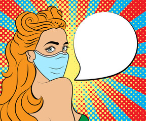 Wall Mural - Pop art woman in mask. Background in comic style retro pop art. Illustration for print advertising and web. Face close-up.