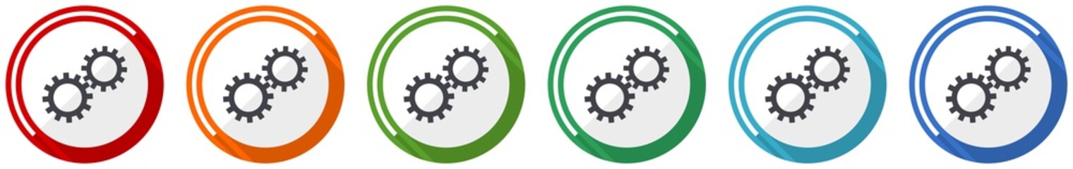 Aufkleber - Gear icon set, cogwheel flat design vector illustration in 6 colors options for webdesign and mobile applications