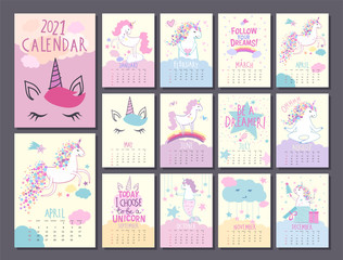 Monthly calendar template 2021 with cute unicorn characters