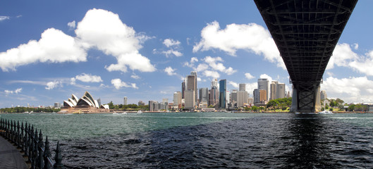 Wall Mural - Panorama of Sydney Cove and the Harbour of Sydney, Australia, view on the Skyline of Sydney and the Sydney Opera House. Seen from below Sydney Harbour Bridge.