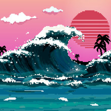 Pixel Art Of Asian Illustration Of Ocean Waves And Sun. Japanese Waves, Poster Or Card. Pixel Art 8 Bit.