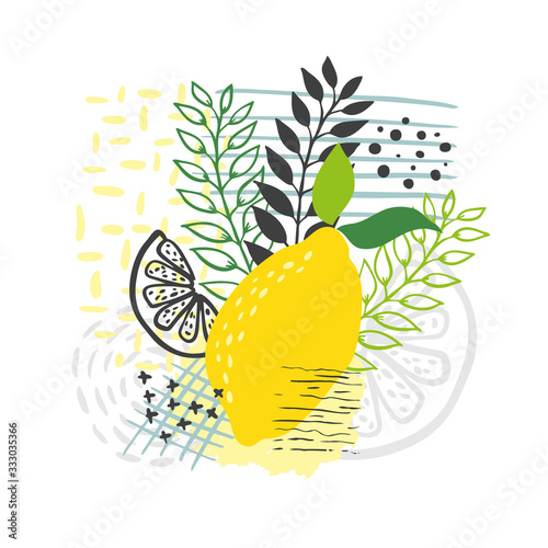 Modern abstract lemon vector leaves background. Hand draw Poster Mural XXL